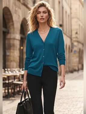 NWT Vintage Casual Corner 100% Cotton Dark Turquoise Blue Cardigan
